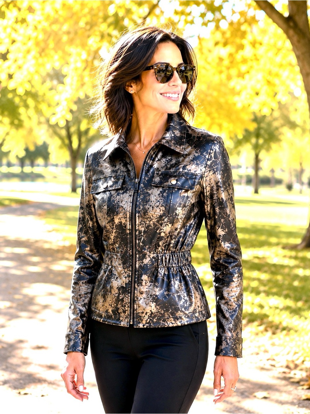 Wet Look Marbled Fitted Zip Jacket, silvery gray & black. Small